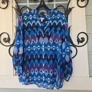 Chico's Blue Ikat Print Roll-Tab Sleeve Button Down Blouse - 3 or 16